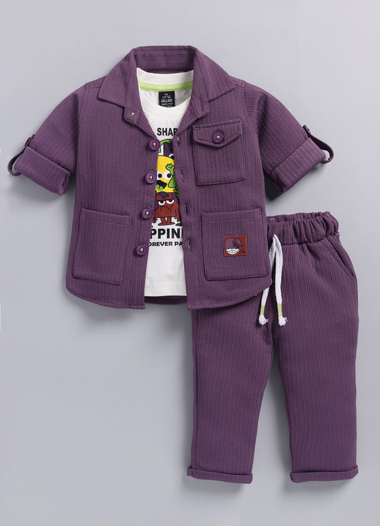 Boys Solid Bright Airport Look Coord with Tshirt Casual Set- Purple