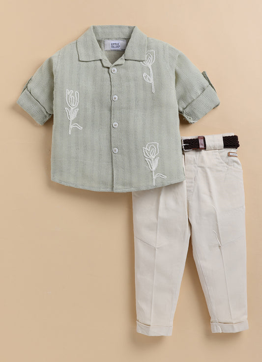 Blended Woven Full Sleeves Floral Motif Embroidered Shirt & Pant Casual Set- Green