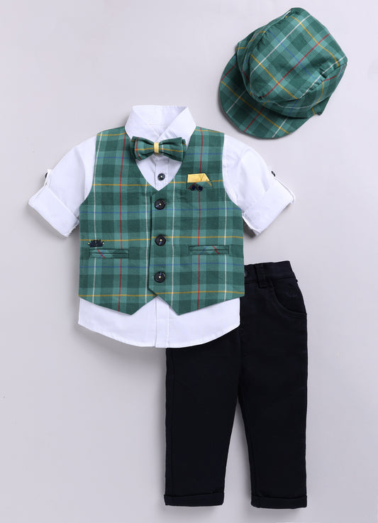 Brushed Cotton Woven Full Sleeves Checkered Waistcoat Pant with Shirt Bow Cap and Brooch Jacket Set- Green