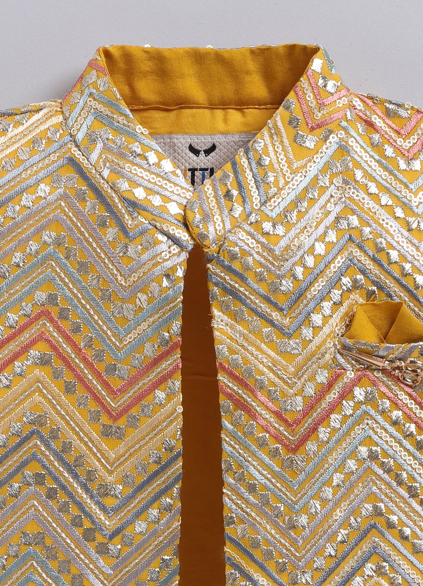 Little Collars Boys Festive Haldi Mustard Heavy Embroidered Ethnic Nehru Jacket Kurta Pajama Set - Mustard