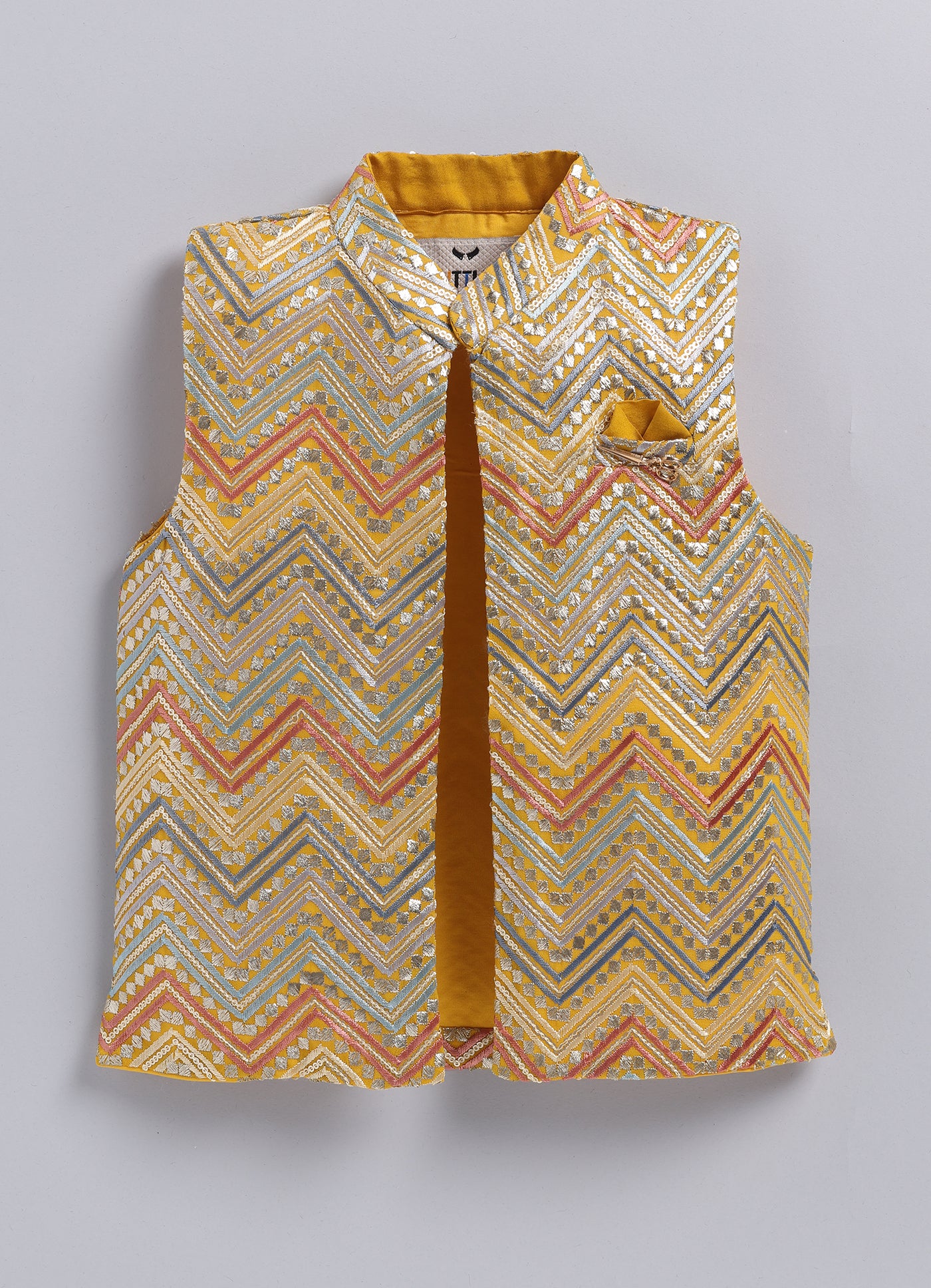 Little Collars Boys Festive Haldi Mustard Heavy Embroidered Ethnic Nehru Jacket Kurta Pajama Set - Mustard