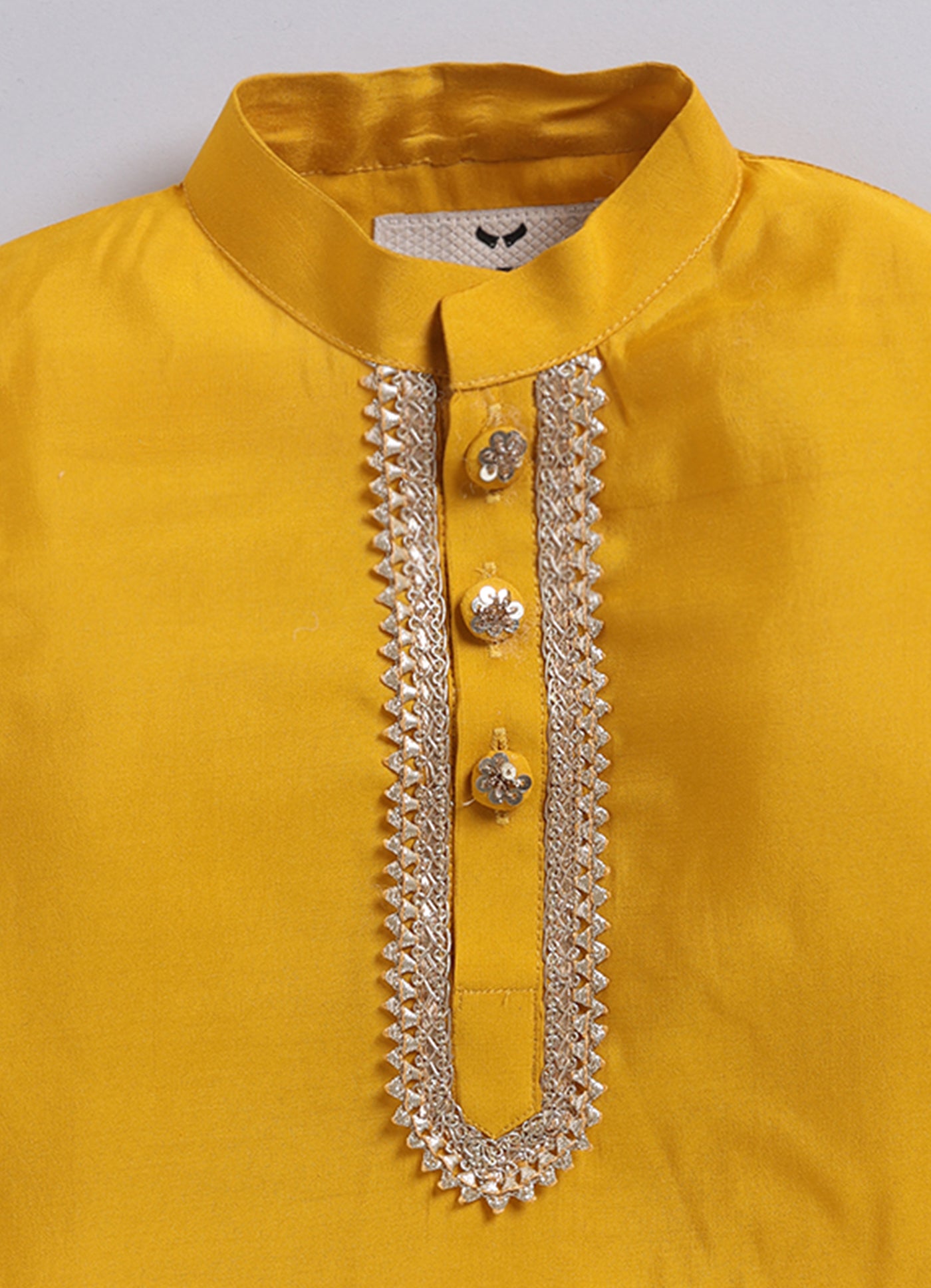 Little Collars Boys Festive Haldi Mustard Heavy Embroidered Ethnic Nehru Jacket Kurta Pajama Set - Mustard