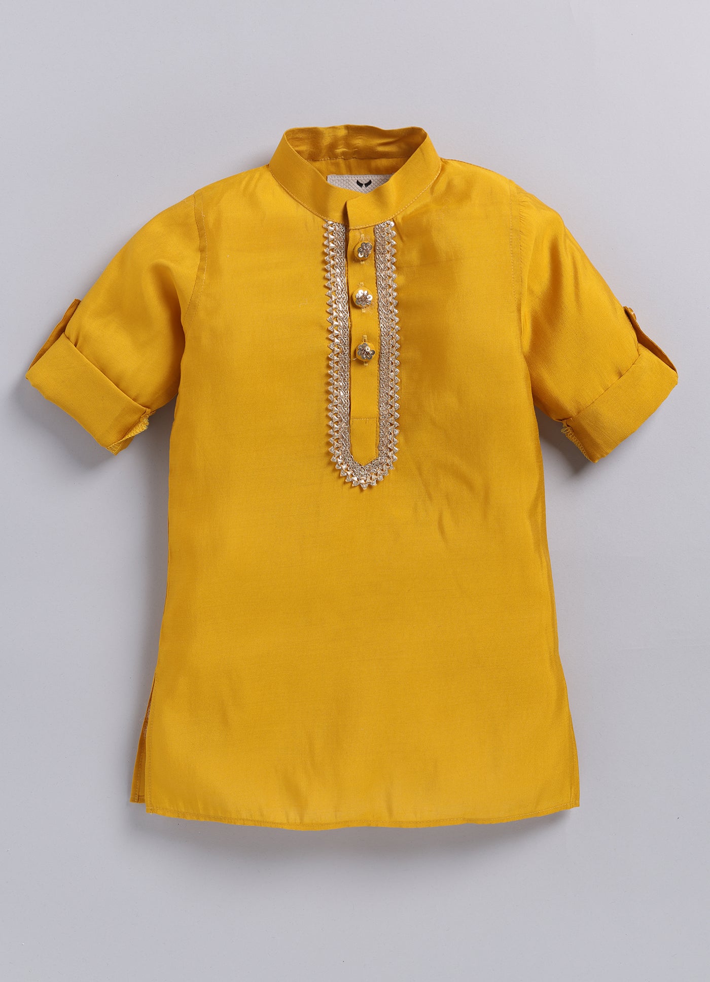 Little Collars Boys Festive Haldi Mustard Heavy Embroidered Ethnic Nehru Jacket Kurta Pajama Set - Mustard