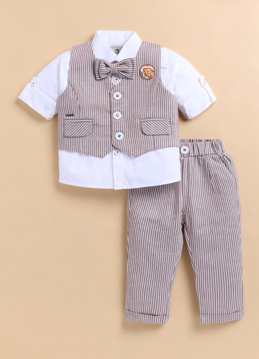 Cotton Woven Full Sleeves Striped Animal Logo Waistcoat Jacket Pant with Solid Shirt & Bow Coord Set- Brown