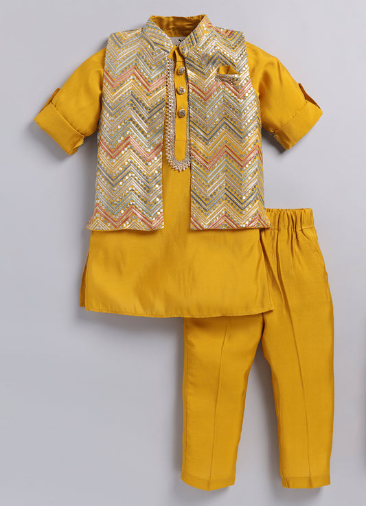 Little Collars Boys Festive Haldi Mustard Heavy Embroidered Ethnic Nehru Jacket Kurta Pajama Set - Mustard