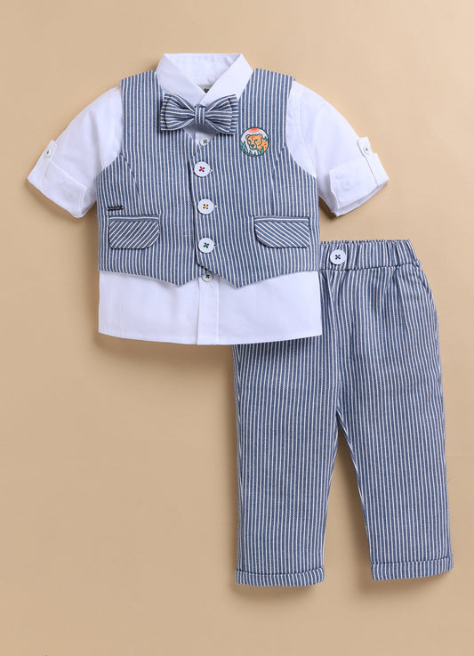 Cotton Woven Full Sleeves Striped Animal Logo Waistcoat Jacket Pant with Solid Shirt & Bow Coord Set- Blue