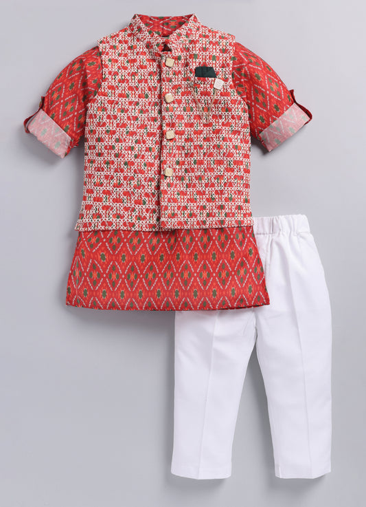 Boys Festive Embroidered Ikat Ethnic Nehru Jacket Kurta Pajama Set - Red