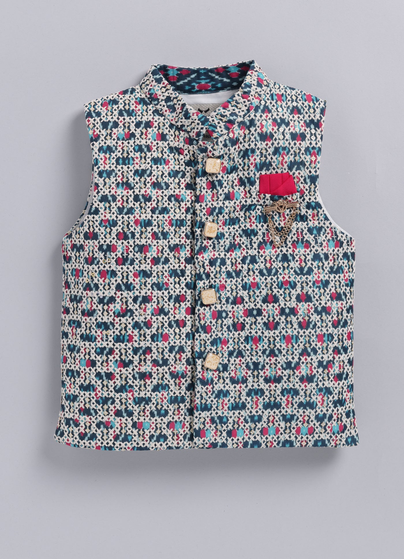 Boys Festive Embroidered Ikat Ethnic Nehru Jacket Kurta Pajama Set - Blue