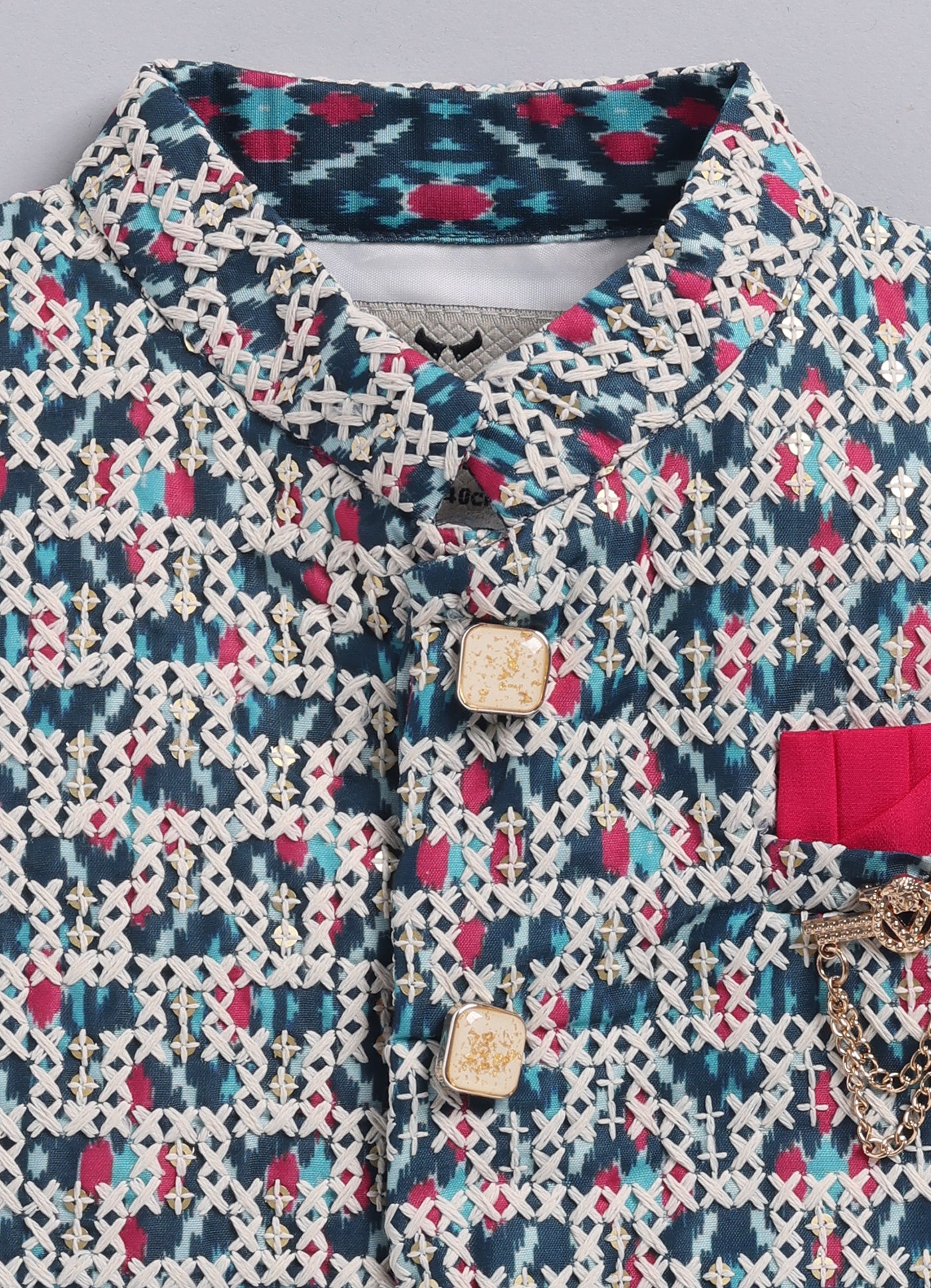 Boys Festive Embroidered Ikat Ethnic Nehru Jacket Kurta Pajama Set - Blue