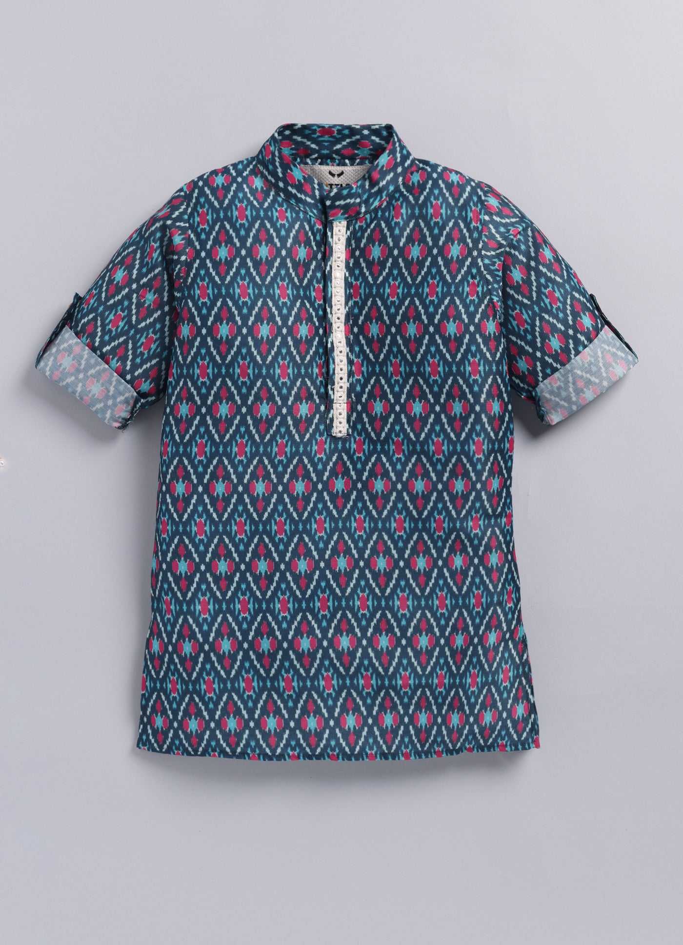 Boys Festive Embroidered Ikat Ethnic Nehru Jacket Kurta Pajama Set - Blue