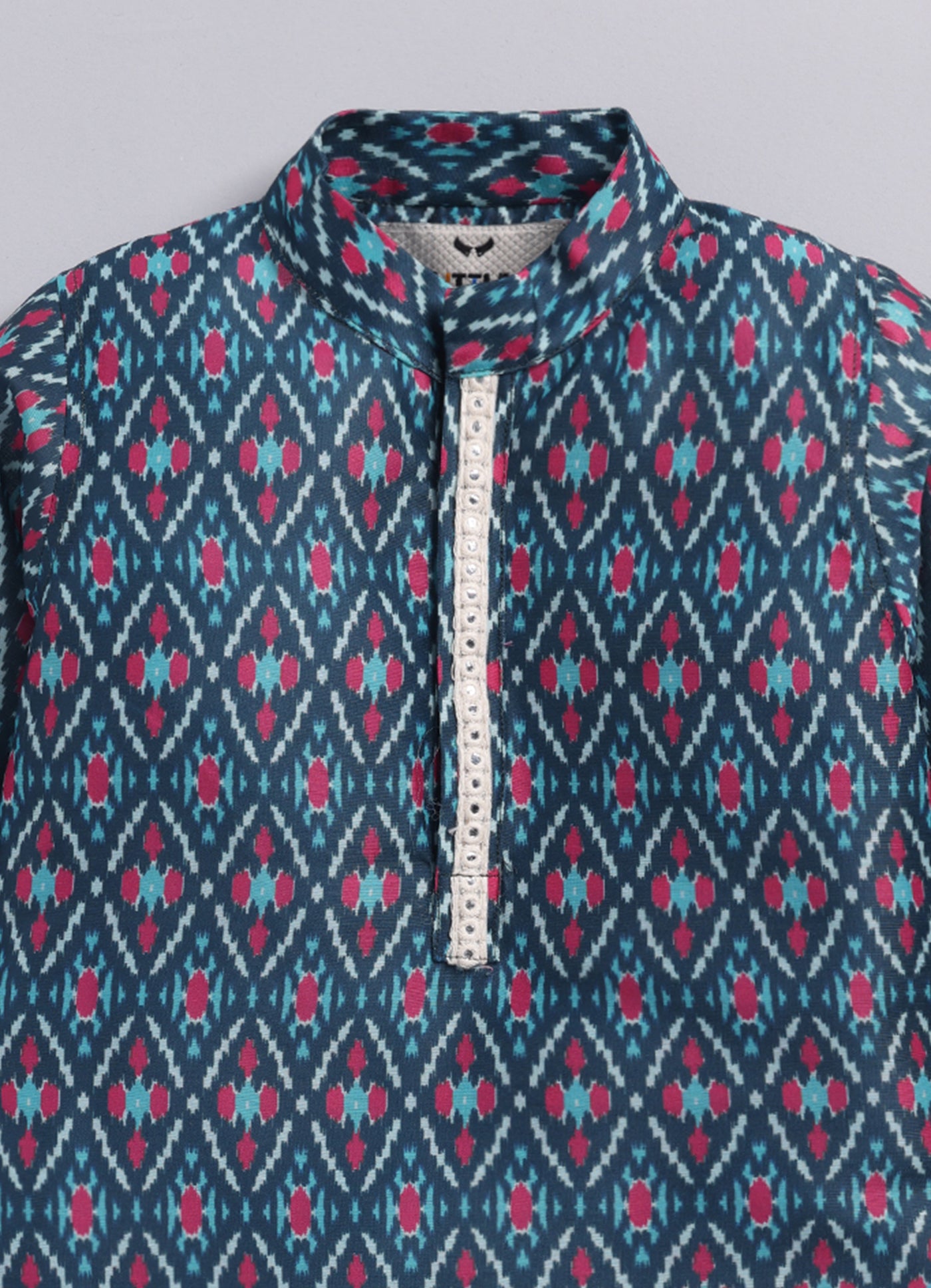 Boys Festive Embroidered Ikat Ethnic Nehru Jacket Kurta Pajama Set - Blue