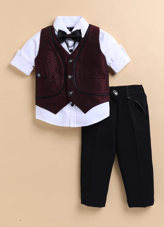 Blended  Woven Full Sleeves Jaquard Waistcoat Pant with Shirt & Bow Partywear Set- Maroon