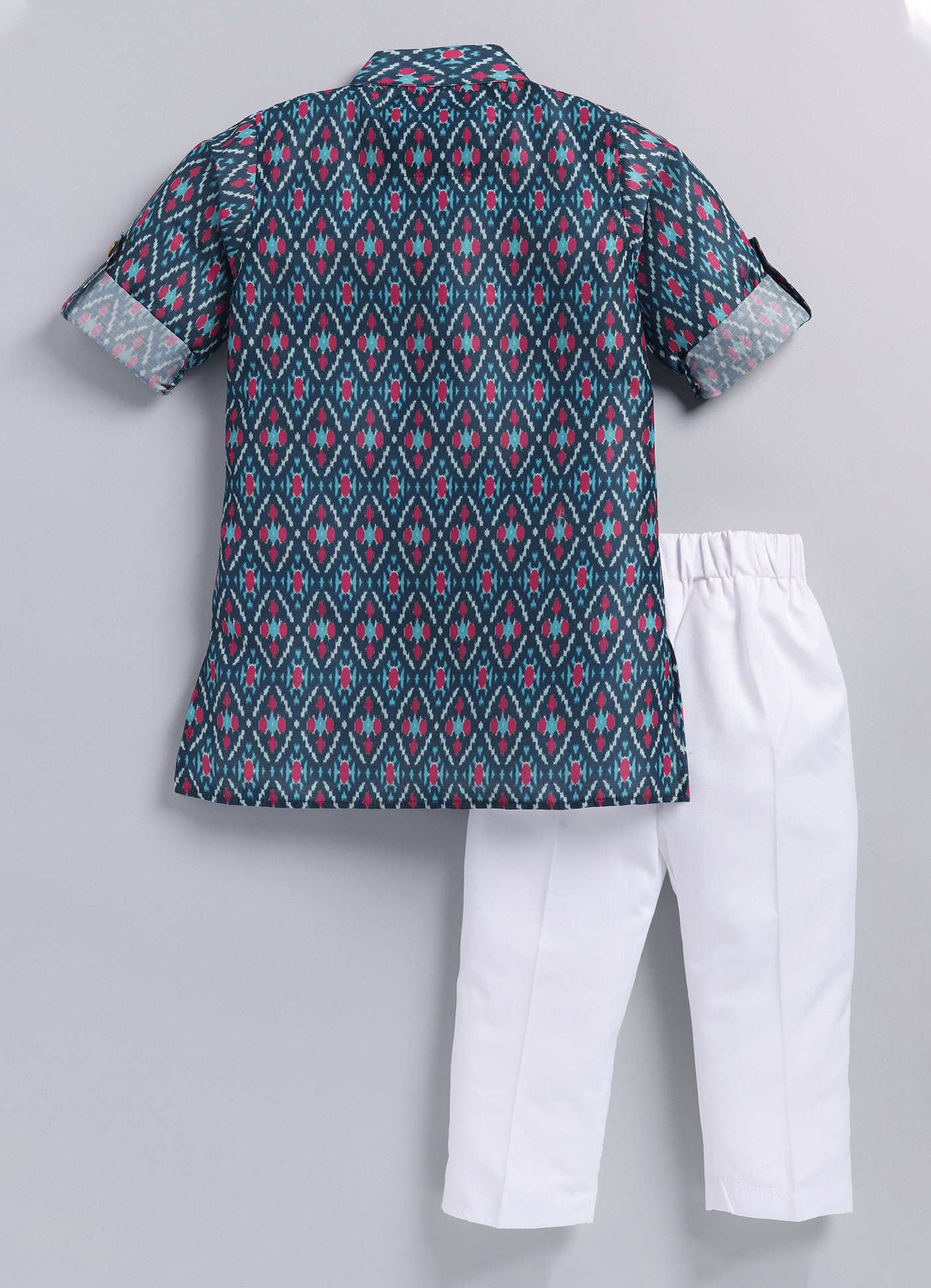Boys Festive Embroidered Ikat Ethnic Nehru Jacket Kurta Pajama Set - Blue