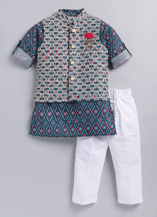 Boys Festive Embroidered Ikat Ethnic Nehru Jacket Kurta Pajama Set - Blue