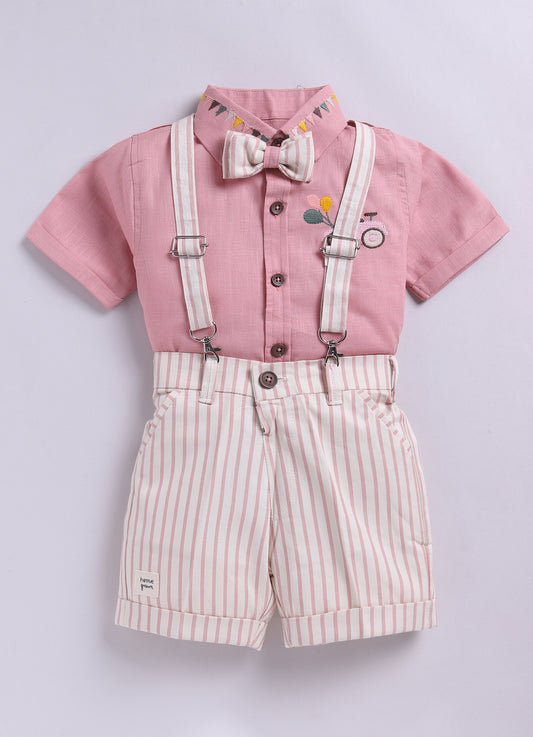Boys Carnival theme Embriodered Cotton Shirt, Shorts & Bow Suspender Set- Pink