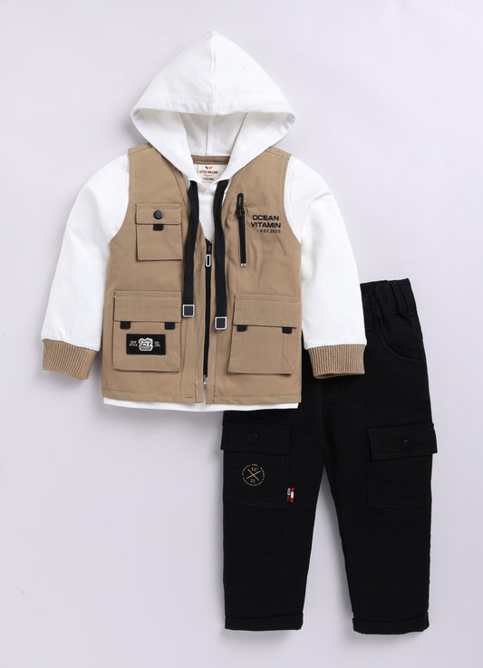 Blended Woven Technical Jacket Gilet with Utility Multi Pockets and Full Sleeves Hooded Teddy T-shirt and Trousers - Khaki