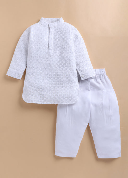 Silk Blended Woven Full Sleeves Pack of 2 Solid Embroidered Kurta Patiala Ethnic Set- White