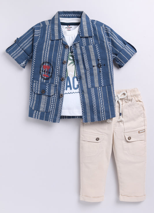 Little Collars Cotton Woven Full Sleeves Stripes Shacket with Embroidery Printed Tshirt and Pants Casual Set-Blue