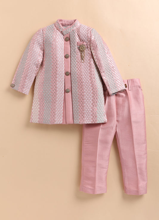 Blended Silk Full Sleeves Woven Sequins Embellished  & Abstract Embroidered Achkan With Pyjama and Brooch Ethnic Set - Peach