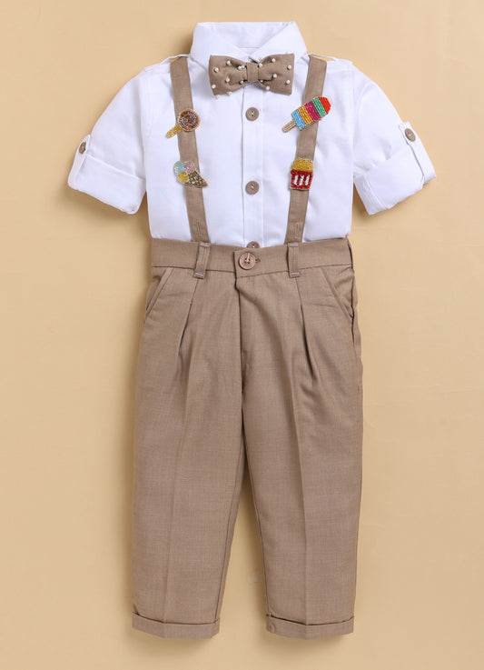 Blended Woven Full Sleeves Solid Candy Toffee Ice-cream Theme Hand Embroidered Motifs in Suspender with Shirt and Pant Bow Formal Shirt Pant Suspender Set- Beige
