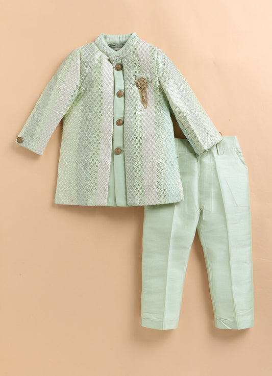 Blended Silk Full Sleeves Woven Sequins Embellished  & Abstract Embroidered Achkan With Pyjama and Brooch Ethnic Set - Green