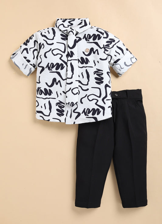 Poly Nylon Woven Full Sleeves Abstract Shirt Pant with Tie and Tie Pin Set- White