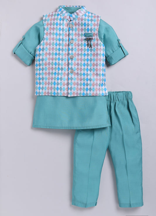 Blended Silk Woven Full Sleeves Kurta Pajama with Geometrical Printed and Embroidered Nehru Jacket Ethnic Set- Teal