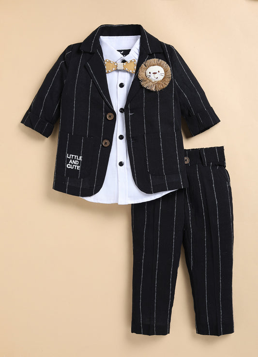 Boys Full Sleeves Cotton Striped Lion Coat Pant Shirt and Bow Coat Set- Black