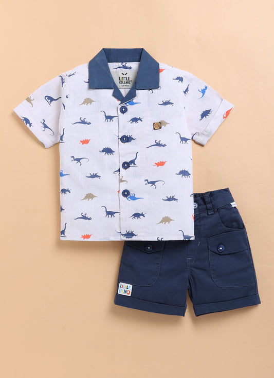 Pure Cotton Woven Half Sleeves Dinosaur Print Cuban Collar Shirt with Shorts Casual Set- Blue