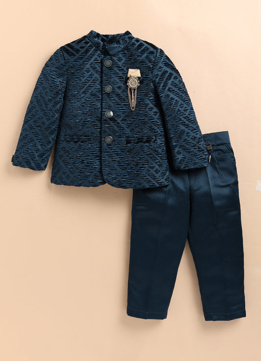 Velvet Woven Full Sleeves Self Textured Diagonal Design Prince Coat With Brooch & Solid Pant Party Wear Set - Blue