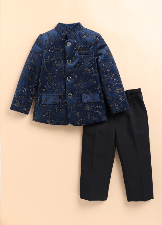 Little Collars Velvet Woven Full Sleeves Self Textured Embroidered Prince Coat  & Solid Pant Party Wear Set - Blue