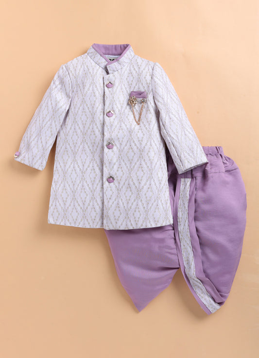 Blended Woven Full Sleeves Zari Work Embellished  & Abstract Embroidered Achkan With Dhoti Pant and Brooch Ethnic Set - Lavender