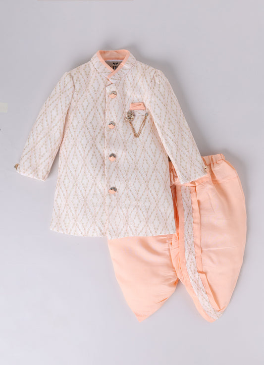 Blended Woven Full Sleeves Zari Work Embellished  & Abstract Embroidered Achkan With Dhoti Pant and Brooch Ethnic Set - Peach