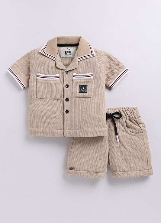 Blended Cotton Knitted Half Sleeves Solid Shirt with Shorts Coord Set- Beige