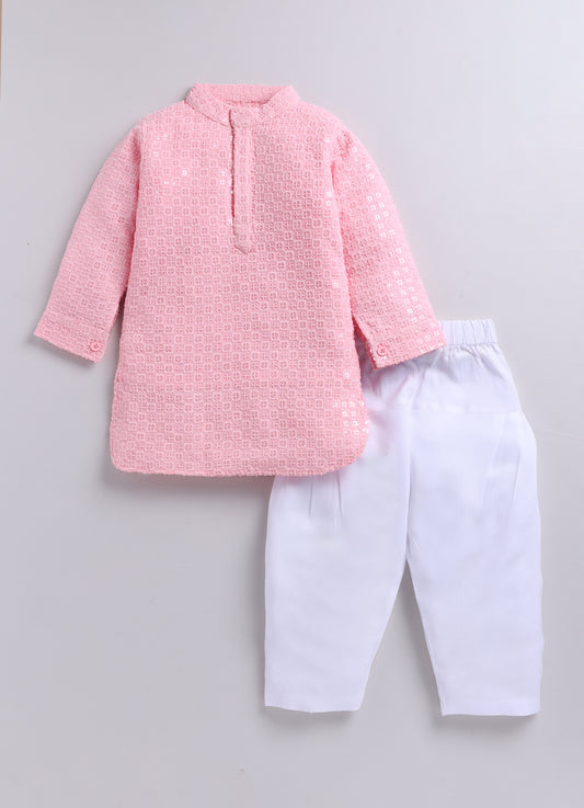 Silk Blended Woven Full Sleeves Pack of 2 Solid Embroidered Kurta Patiala Ethnic Set- Pink