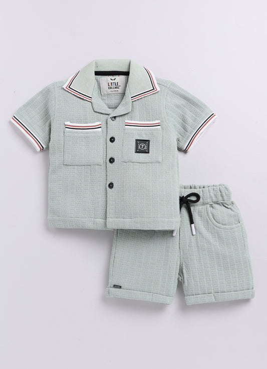 Blended Cotton Knitted Half Sleeves Solid Shirt with Shorts Coord Set- Green