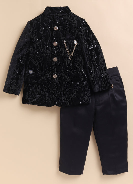 Velvet Full Sleeves Heavy All over Embellished and Embroidered Bandhgala Prince Coat with Trousers Ethnicwear Set- Black
