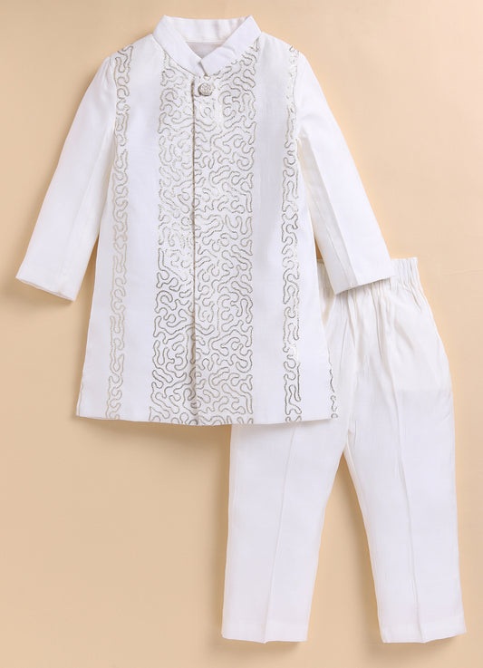 Blended Silk Full Sleeves Zari Embroidered Achkan Bandhgala Sherwani with Pants Ethnicwear Set- White