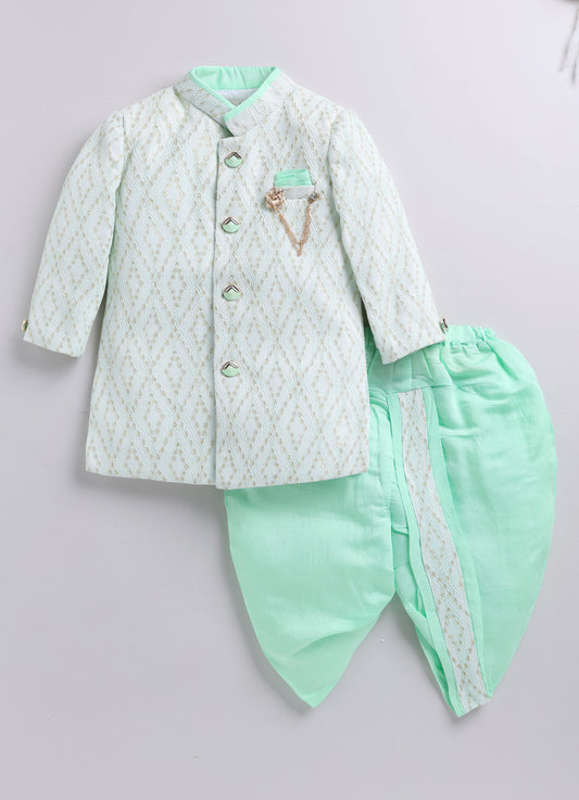 Blended Woven Full Sleeves Zari Work Embellished  & Abstract Embroidered Achkan With Dhoti Pant and Brooch Ethnic Set - Green