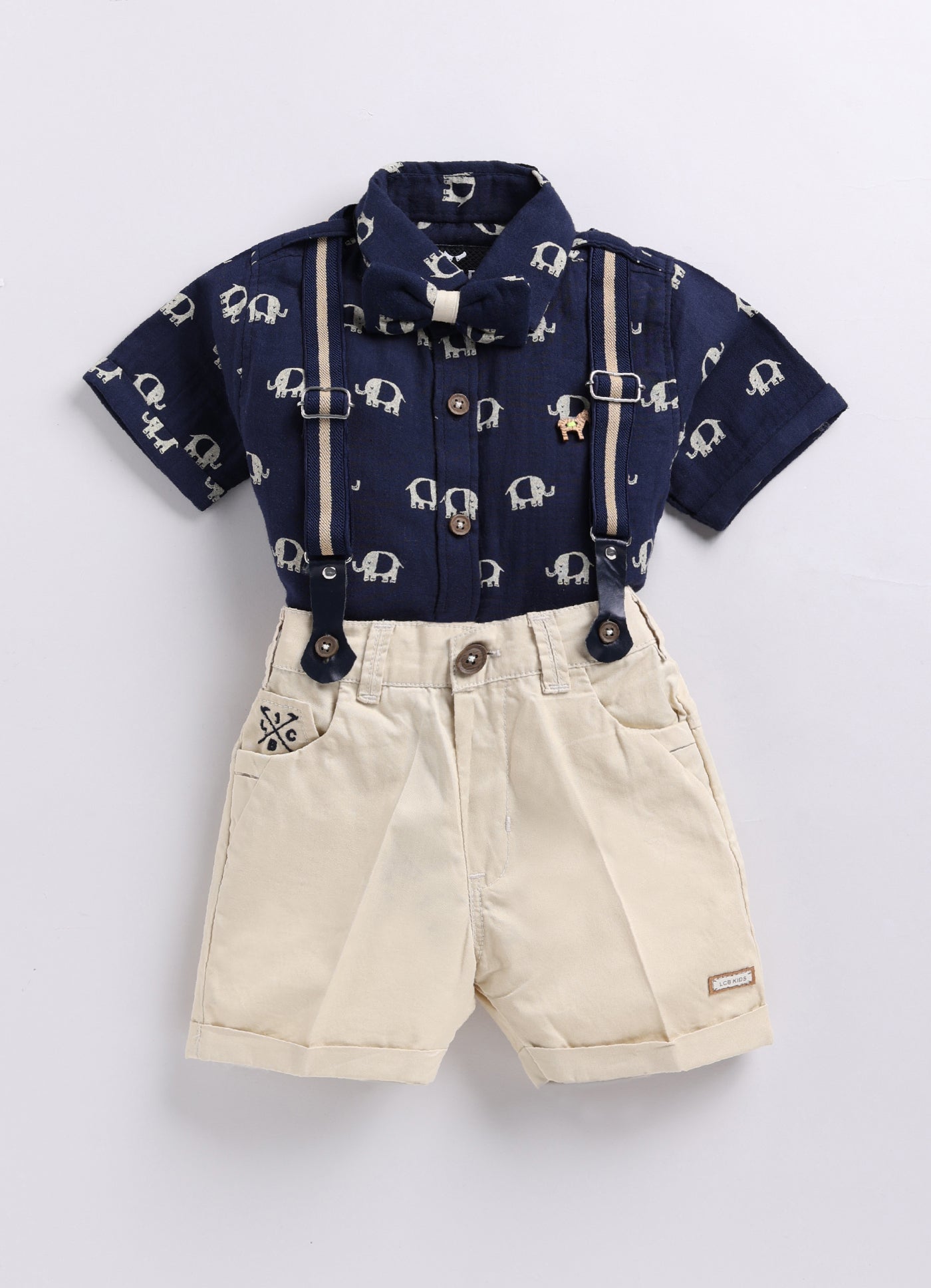 Organic Muslin Cotton Woven Half Sleeves Baby Elephant Print Shirt & Shorts With Suspender & Bow Set - Blue