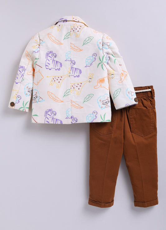 Boys Blended Cotton Woven Full Sleeves Casual Animal Printed Blazer T-Shirt & Pant Coat Set with Dori Belt- Cream