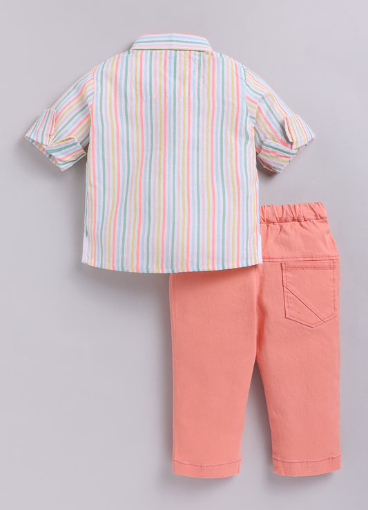 Boys Full Sleeves Cute Pocket, Full Sleeve Striped Shirt and Pant Casual Set- Peach