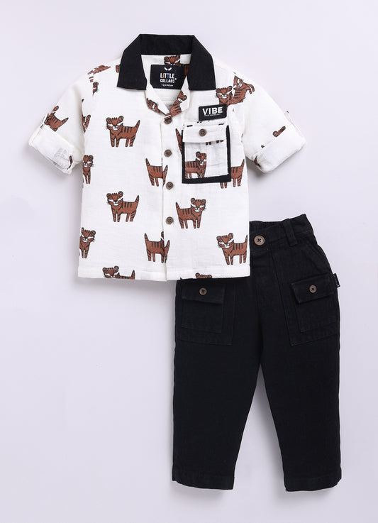 Organic Cotton All Over Lion Printed Woven Full Sleeves Cuban Collar Shacket with Denim Pants Casual Set- White