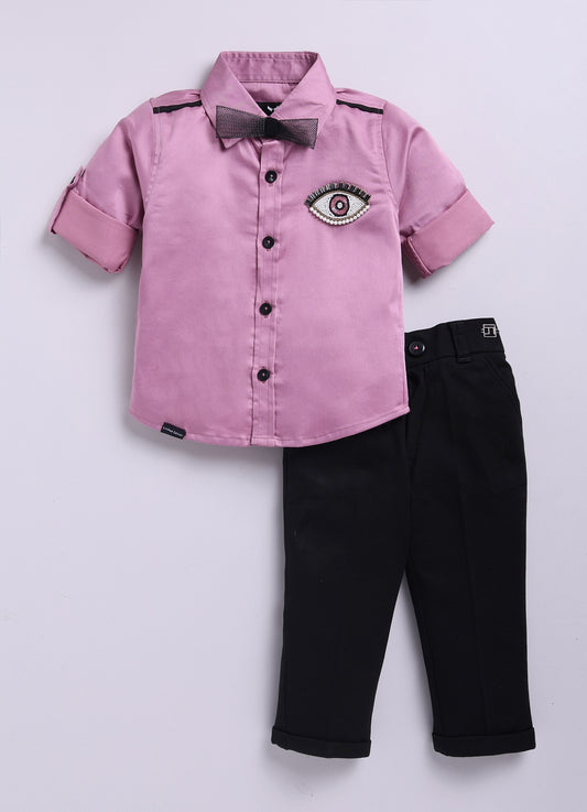 Blended Cotton Full Sleeves Evil Eye Embellished Shirt with Pants Set- Lavender