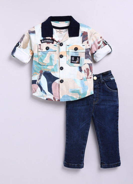 Blended Terry Toweling Abstract Printed Woven Full Sleeves Cuban Collar Shacket Printed T-shirt with Denim Pants Casual Set-Blue