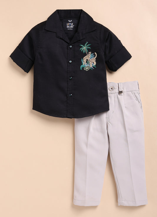 Blended Cotton Satin Solid Woven Full Sleeves Animal Embroidered Shirt Pant Set- Black