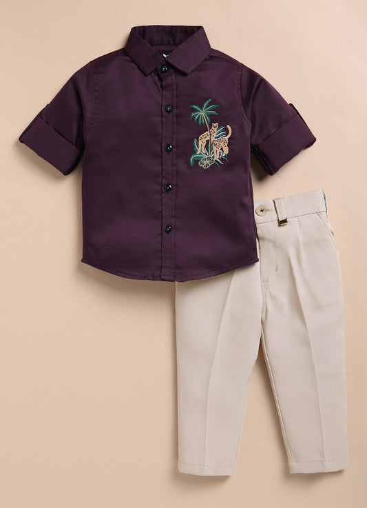 Blended Cotton Satin Solid Woven Full Sleeves Animal Embroidered Shirt Pant Set- Wine