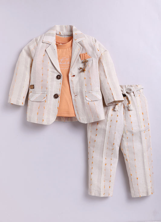 Pure Cotton Full sleeves Smart Casual Coat Suit Coord Set- Orange