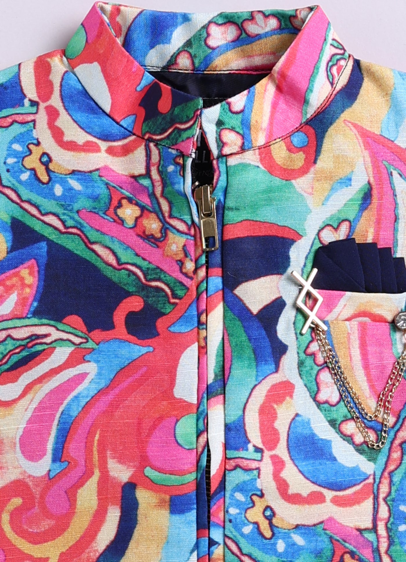 Silk Blend Woven Full Sleeves Abstract Printed Ethnic Jacket Kurta Pajama Set - Navy