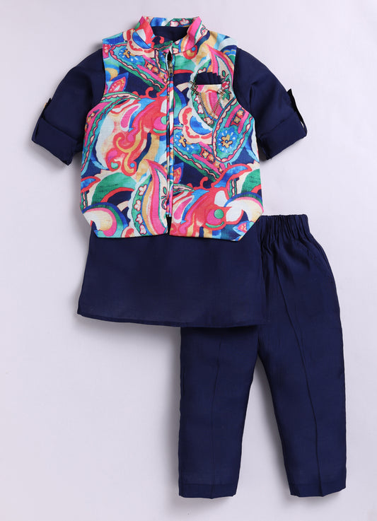 Silk Blend  Woven Full Sleeves Abstract Printed Ethnic Jacket Kurta Pajama Set - Navy